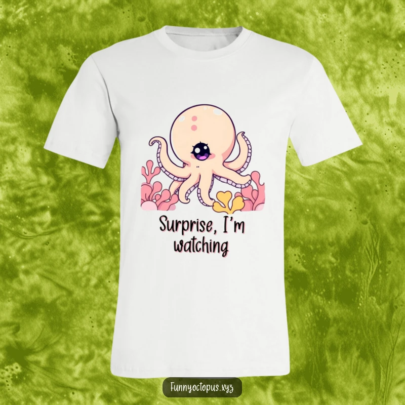 Funny t-shirt showing an octopus character with one twinkling eye, playfully peeking from behind a vibrant coral formation.