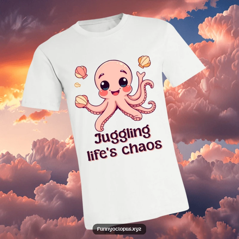 Funny t-shirt depicting a joyful octopus with googly eyes playfully juggling seashells, perfect for a fun and casual look.