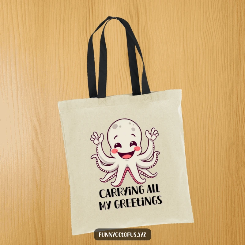 Funny tote bag depicting a grinning octopus with numerous arms enthusiastically waving, great for everyday use.