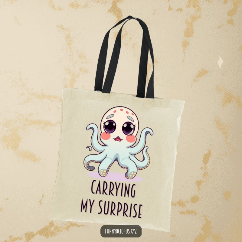 Funny tote bag featuring a surprised octopus with eyes popping out, humorously doing a silly dance, perfect for carrying items.