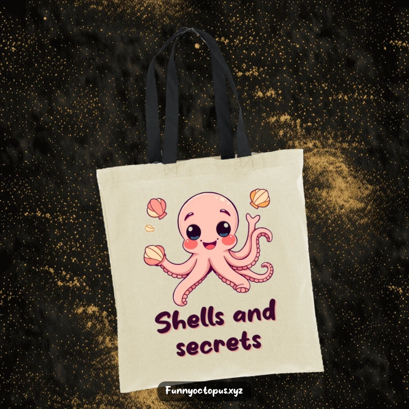 Funny tote bag with a joyful octopus sporting googly eyes, humorously juggling seashells, perfect for shopping.