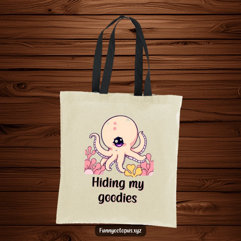 Funny tote bag featuring an octopus character with a twinkling eye, peeking from behind coral, adding a fun element.