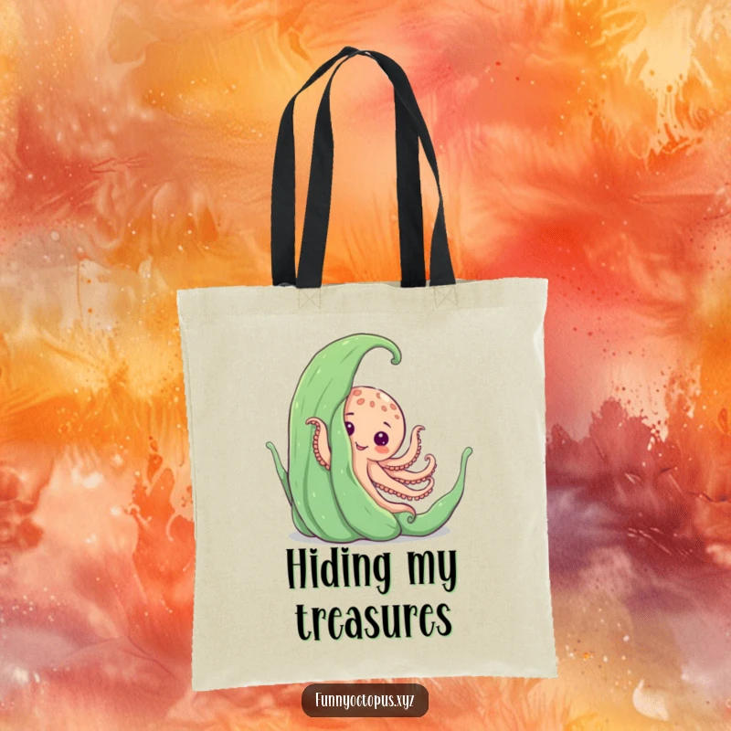 Funny tote bag with an octopus playfully peeking from behind large seaweed, perfect for carrying items with a surprise.